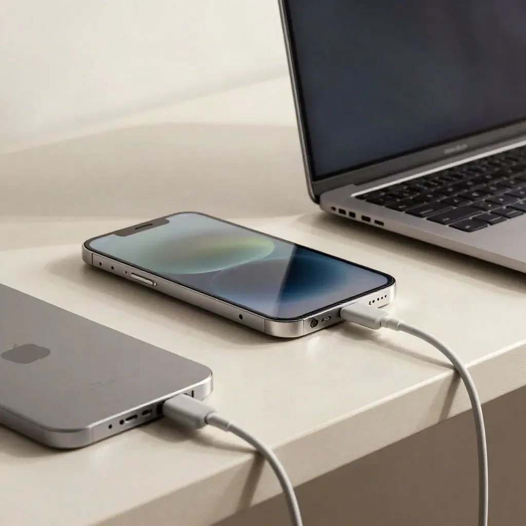 iPhone and iPad charging beside a slim laptop on a pale bench, cable arcing in soft daylight