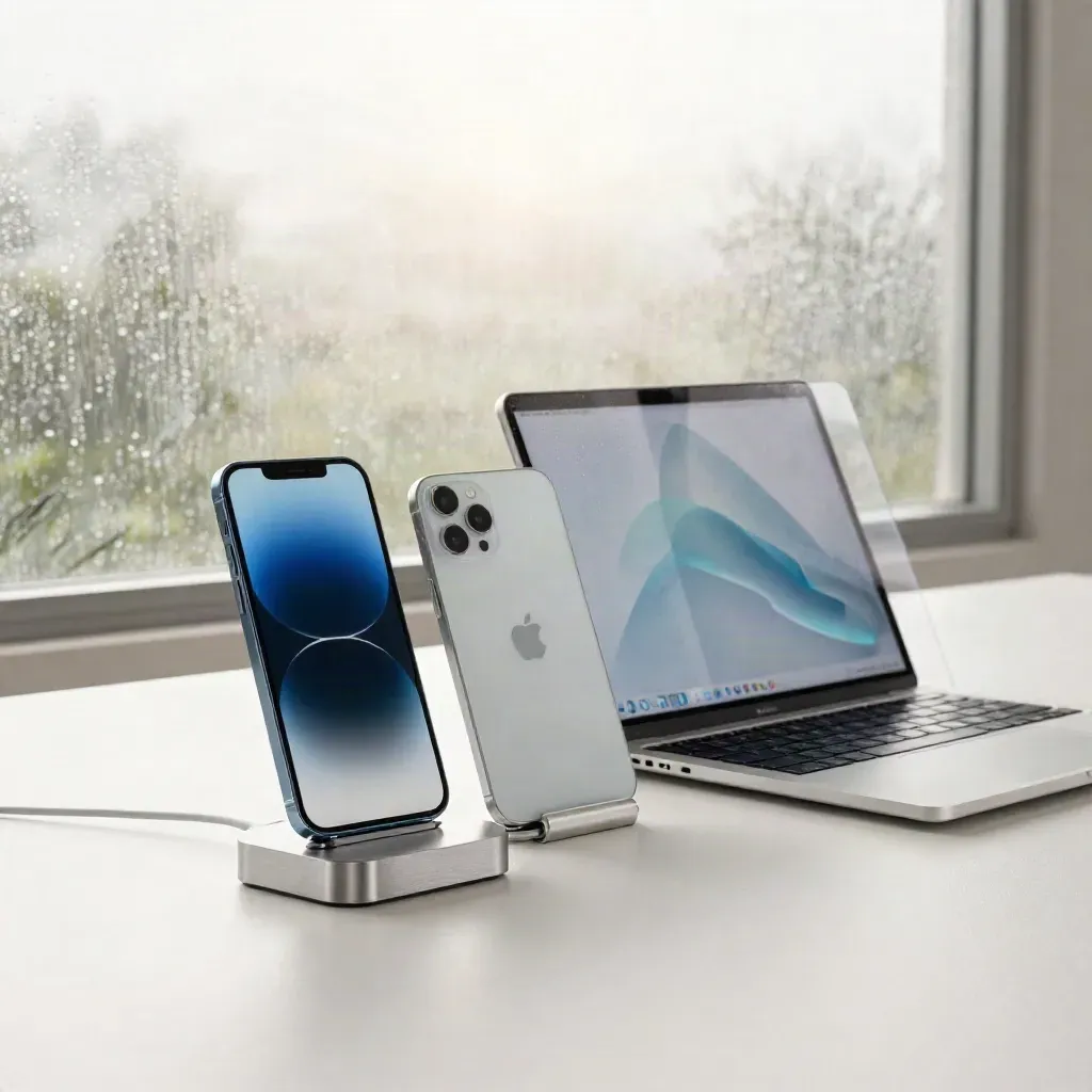 Rain-fresh iPhone, iPad mini, and MacBook on a white table in bright morning haze