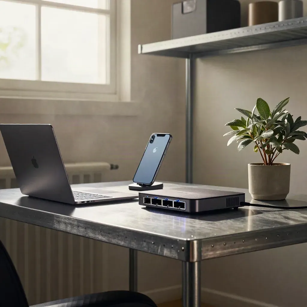 CI checkout on metal shelf with laptop, tethered iPhone, hub, and plant under window light