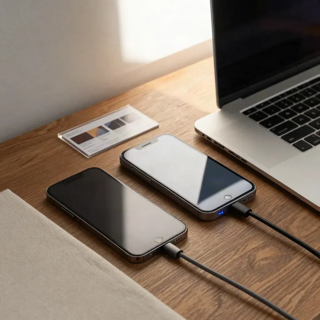 iPhone, iPad, closed laptop, and blue-lit launch dock in a bright overhead workspace scene