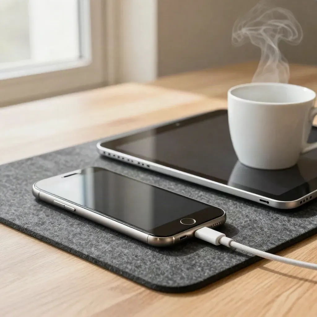 Phone and iPad on a felt mat beside a steaming mug, lit by soft window light.