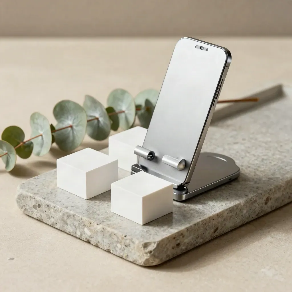 Matte-white adapter blocks and phone stand with eucalyptus on a stone tray.